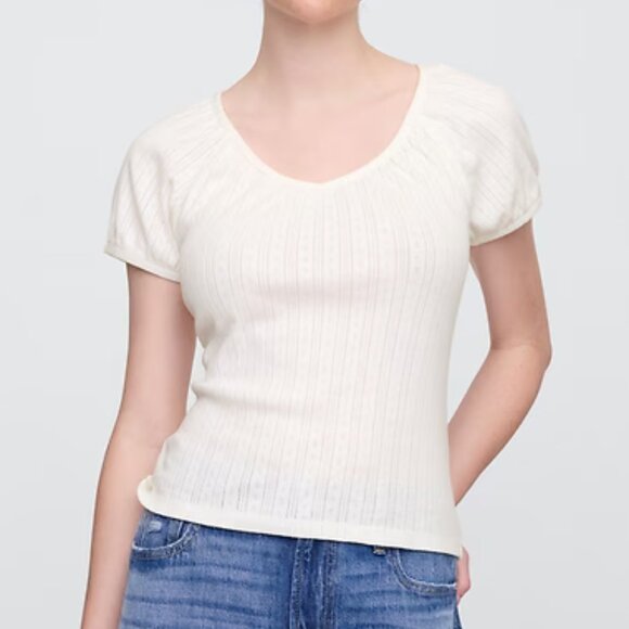 GAP Ribbed Pointelle Puff Sleeve Top in Off White Milk/NWT/L - Picture 1 of 14